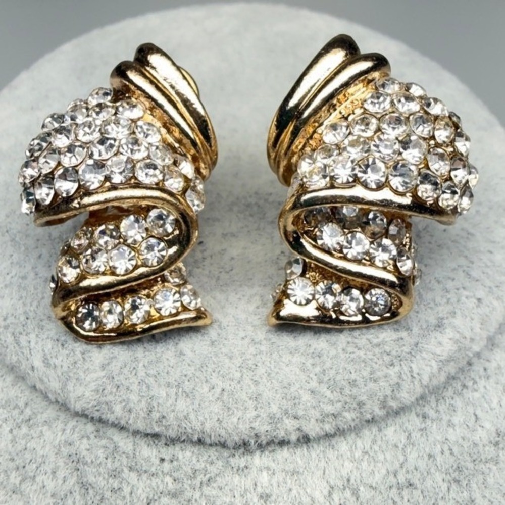 Vintage Rhinestone Ribbon Earrings Gold Tone 1980s Glam